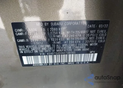 2022 Subaru Outback Wilderness z USA, uszkodzony, nr VIN 4S4BTGUD5N3199165